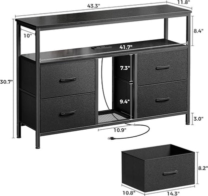 TV Stand Dresser with Power Outlets and LED Lights, 4 Drawers Entertainment Center with Open Shelf, Media Console for 50 43 Inch TV, Dresser with PU Finish, Black - LeafyLoom