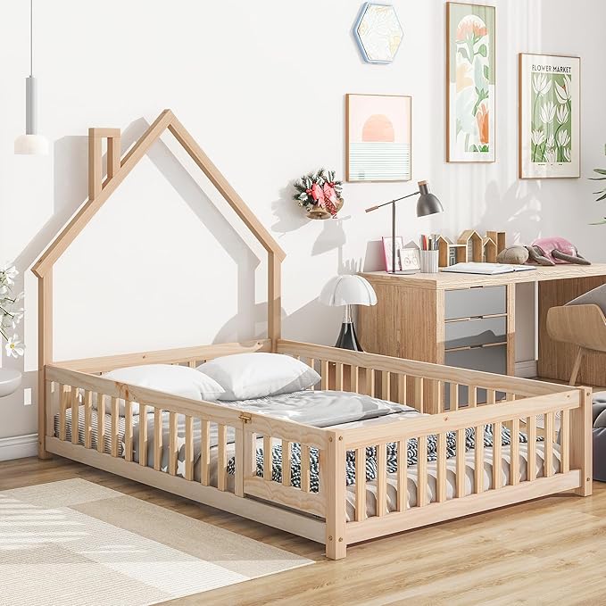 Bellemave Full Size House-Shaped Headboard Floor Bed for Kids, Montessori Floor Bed with Fence and Door,House Bed Twin Frame for Girls,Boys (Natural) - LeafyLoom