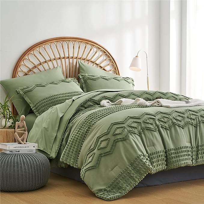 Sage Green Tufted Comforter Set King Size 7 Piece Bed in a Bag, Shabby Chic Boho Comforter and Sheet Set, Pom Pom Textured Bed Set, All Season Soft Microfiber Complete Bedding Set(Green,King) - LeafyLoom