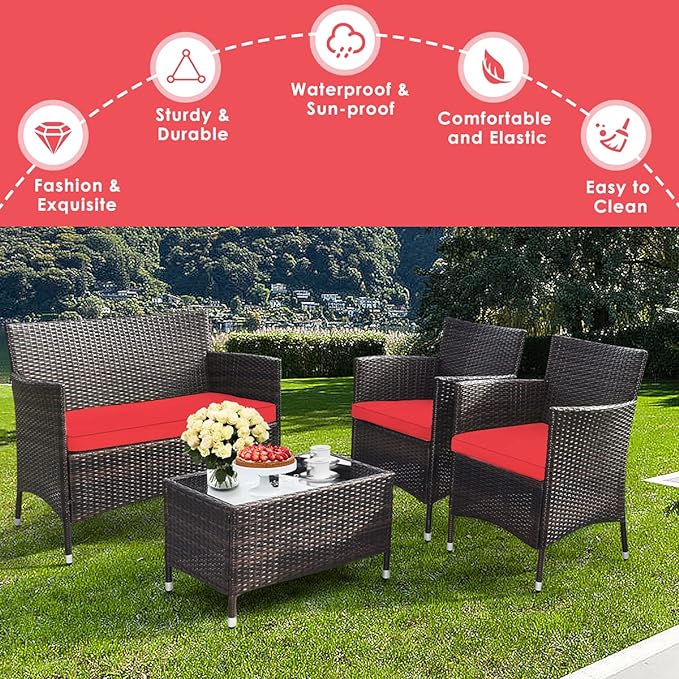 Goplus 4-Piece Rattan Patio Set, Outdoor/Indoor Wicker Conversation Set for Pool, Backyard, Lawn, Wicker Chairs and Sofa with Soft Cushion, Rattan Furniture with Tempered Glass Coffee Table - LeafyLoom