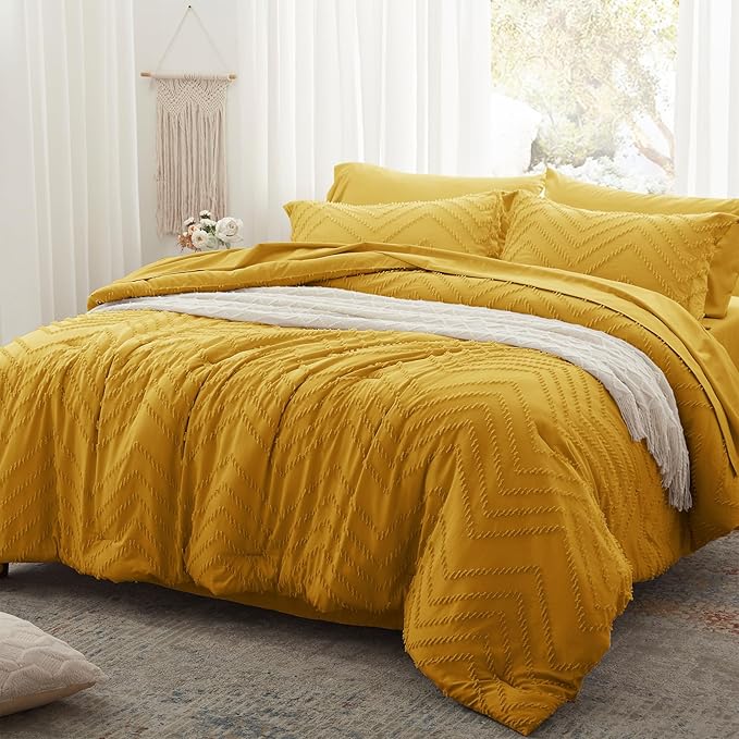 Anluoer Queen Comforter Set, Mustard Yellow Tufted Bed in a Bag 7 Pieces with sheets, All Season Bedding Sets with 1 Comforter, 2 PillowShams, 2 Pillowcases, 1 Flat Sheet, 1 Fitted Sheet - LeafyLoom