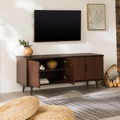 Walker Edison Genia Mid-Century Modern Solid Wood Stand for TVs up to 65 Inches, Walnut - LeafyLoom