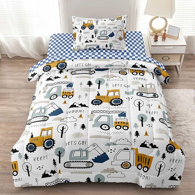 4-Pcs Construction Twin Size Boys Bedding Set, Kids Comforter Set for Teens w/Sheets and Pillowcase, Soft Cartoon Tractor Cars Bed in a Bag Sets - LeafyLoom