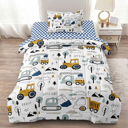 4-Pcs Construction Twin Size Boys Bedding Set, Kids Comforter Set for Teens w/Sheets and Pillowcase, Soft Cartoon Tractor Cars Bed in a Bag Sets - LeafyLoom