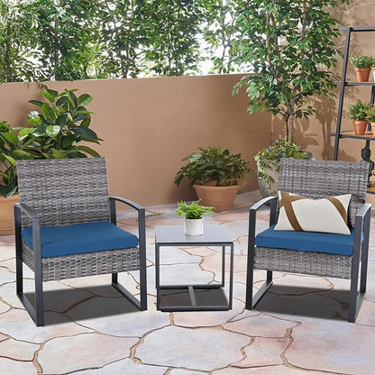 3 Pieces Patio Furniture Set, Outdoor Patio Set, Patio Bistro Set, All-Weather Wicker Conversation Set with Cushions Table for Porch Backyard (Gray-Blue) - LeafyLoom