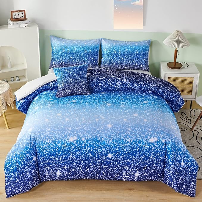 RYNGHIPY 6Pcs Gradient Aqua Blue Navy Ombre Comforter Sets with Sheets Pillowcases, Queen Size Sparkle Glitter Design Comforter Bedding Collections for Kids Boys and Girls - LeafyLoom