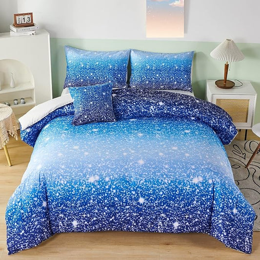 RYNGHIPY 6Pcs Gradient Aqua Blue Navy Ombre Comforter Sets with Sheets Pillowcases, Queen Size Sparkle Glitter Design Comforter Bedding Collections for Kids Boys and Girls - LeafyLoom