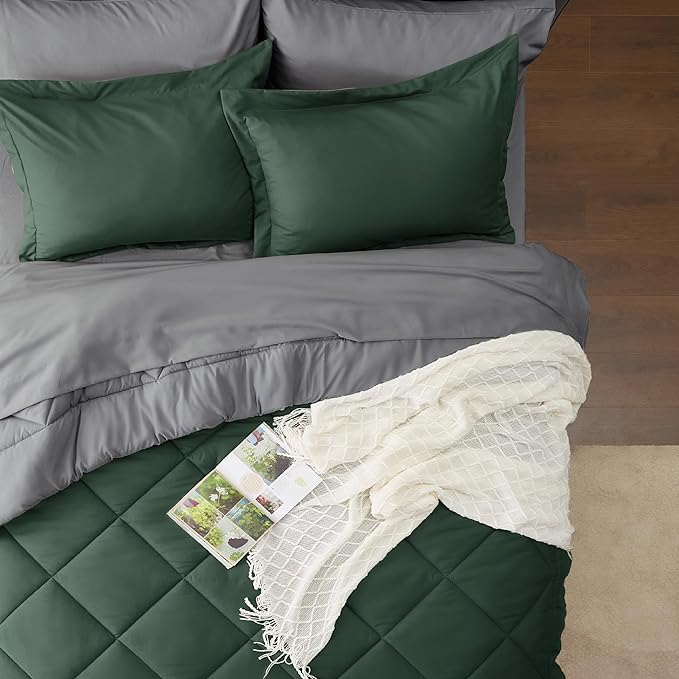 Bedsure Forest Green Twin Comforter Set - 5 Pieces Reversible Twin Bed in a Bag for College, Extra Long Twin Bed Set Forest Green and Grey with Comforters, Sheets, Pillowcase & Sham - LeafyLoom