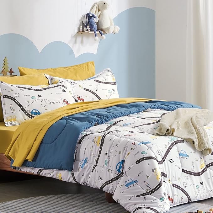 SLEEP ZONE Kids Bedding Full/Queen Comforter Set - Cute Printed for Boys, Girls, Teens, Super Soft, Fade Resistant, Car Road, Full/Queen - LeafyLoom