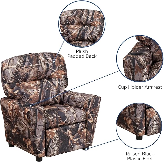 Flash Furniture Chandler Vinyl Kids Recliner with Cup Holder and Safety Recline, Contemporary Reclining Chair for Kids, Supports up to 90 lbs., Camouflage - LeafyLoom