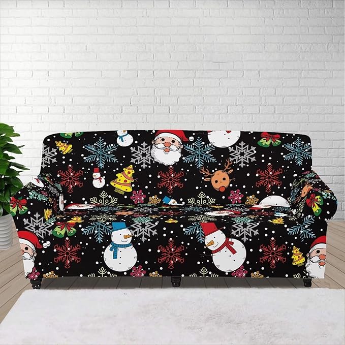 FKELYI Christmas Sofa Slipcover Santa Claus Furniture Protector Washable Easy Going Stretch Sofa Slipcover with Elastic Bottom L FKELYI