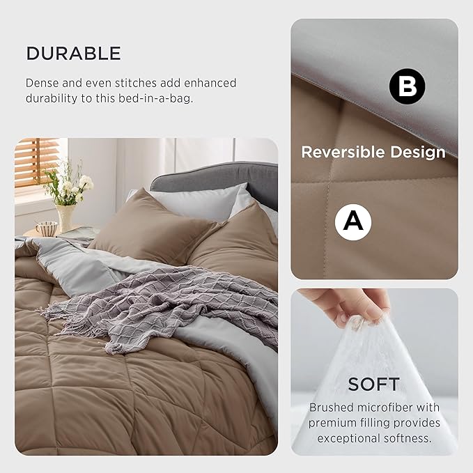 Bedsure Brown Queen Comforter Set - 7 Pieces Reversible Queen Bed in a Bag, Queen Bed Set Brown and Grey with Comforters, Sheets, Pillowcases & Shams - LeafyLoom