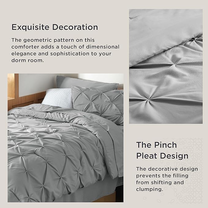 Bedsure Twin XL Comforter Set - Extra Long 5 Pieces Dorm Bedding Sets, Pinch Pleat Grey Bed in a Bag with Comforter, Sheets, Pillowcase & Sham - LeafyLoom