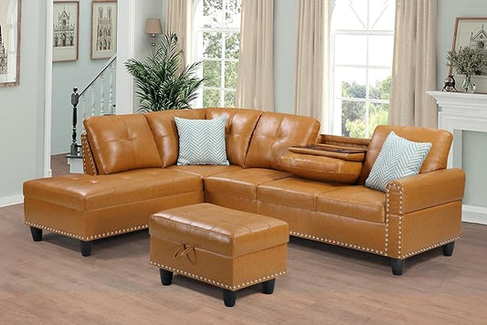 RITSU L Shape Sectional Sofa, Upholstered Corner Couch with Storage Ottoman, Reversible Backrest w/Cup Holder, 4 Seater, Faux Leather Tufted Cushions, for Living Room,Apartment, Ginger, 71 inch - LeafyLoom