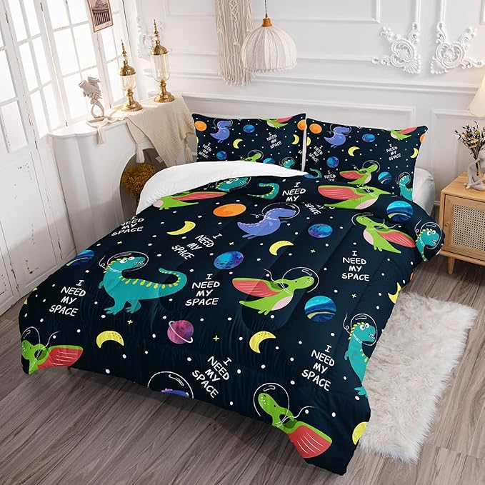 Datura home Dinosaur Space Dinos Comforter Bedding Set for Boys Kids Children,Celestial Bodies Colorful Dinosaur Print Bedding Set with 1 Comforter and 2 Pillowcases(Dinosaur Full) - LeafyLoom