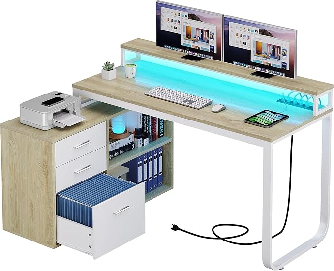 YITAHOME L Shaped Desk with Power Outlets & LED Lights & File Cabinet, 55" Corner Computer Desk with 3 Drawers & 2 Storage Shelves, Home Office Desk with Monitor Stand, Oak & White - LeafyLoom