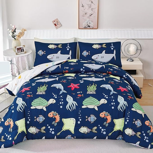 RYNGHIPY Kids Bedding Set for Twin Bed Reversible Ocean Animals Print Comforter Set for Boys Girls Easy-Wash Super Soft Microfiber Bed Set (Navy Ocean,Twin) - LeafyLoom