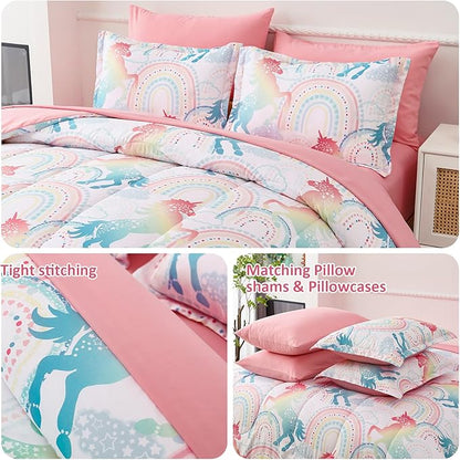 Twin Comforter Set for Girls, 6 Pieces Bed in a Bag, Colorful Unicorn Bedding Comforter Sheet Set, Ultra Soft and Fluffly, Pink & Rainbow Color, Colorful Bed in a Bag for Girls - LeafyLoom