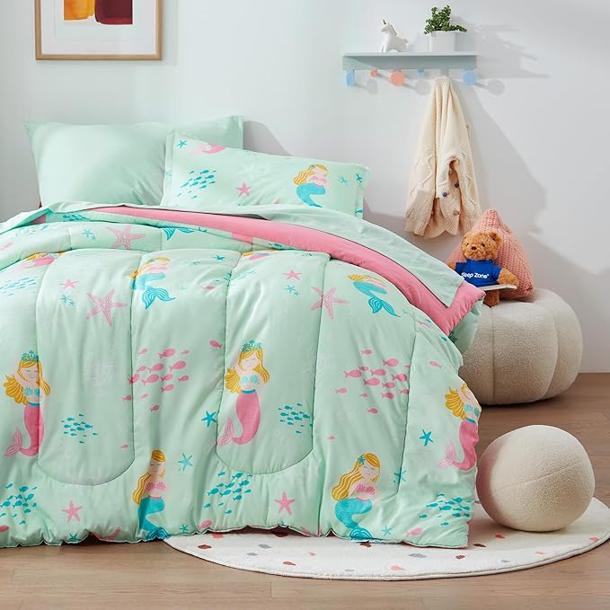 SLEEP ZONE Kids Bedding Comforter Set Full/Queen Size - Super Cute & Soft Kids Bedding 7 Pieces Set with Comforter, Sheet, Pillowcase & Sham (Mermaid Princess) - LeafyLoom