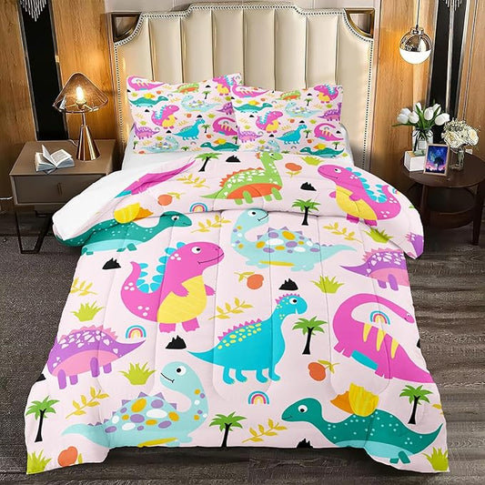 Dinosaur Bedding Full Size, Cute Girls Bedding Dinosaur Comforter Set for Girls Soft Breathable Cartoon Dino Quilt Kids Bedding Set for All Season, 1 Comforter 2 Pillowcase - LeafyLoom