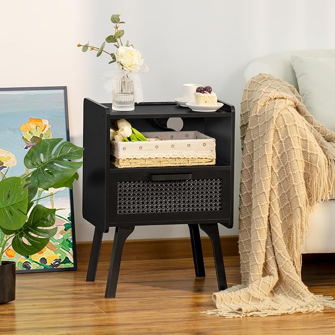 Lerliuo Rattan Nightstand with Charging Station, Side Table with Drawer Open Shelf, Cane Bedside End Table with Solid Wood Legs, Mid Century Night Stand for Bedroom, Dorm and Small Spaces (Black) - LeafyLoom