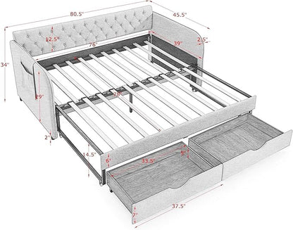 Twin Size Upholstery Daybed with Trundle Bed and 2 Storage Drawers, Flat Arms w/Pocket, Linen Extendable Bedframe for Bedroom Living Room, No Box Spring Needed & Space-Saving Design, Grey - LeafyLoom