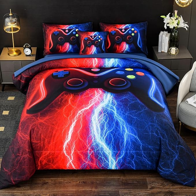 DORCAS Gamer Comforter Sets with Sheets for Boys,Twin Size Gamer Bedding Sets Boys,6 Pieces Lightning Gaming Comforter Set for Boys Kids Teens (Red&Blue, Twin) - LeafyLoom