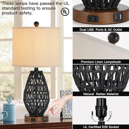 Touch Control Rattan Table Lamps, 3 Way Dimmable Bedside Lamps for Bedroom Set of 2 with 2 USB Ports and AC Outlet, Black Wicker Nightstand Lamps for Living Room (LED Bulbs Included) - LeafyLoom