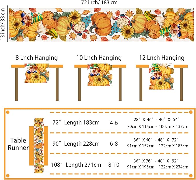 Fall Table Runner 72 Inches Long Autumn Table Runner Pumpkins Maple Leaves Gnome Fall Theme Decor for Kitchen Dining Table Home Party Decorations Unibyby