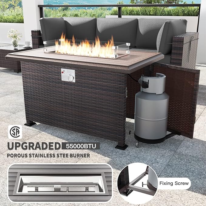 Kullavik 13 Pieces Outdoor Patio Furniture Set with 43" 55000BTU Gas Propane Fire Pit Table PE Wicker Rattan Sectional Sofa Patio Conversation Sets,Grey - LeafyLoom