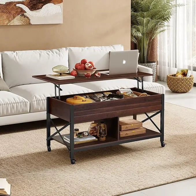 WLIVE Coffee Table, 41" Lift Top Coffee Table with Hidden Compartment, Multi-Function Coffee Table with 4 Wheels and 2 Storage Shelves for Living Room and Bedroom, Espresso - LeafyLoom