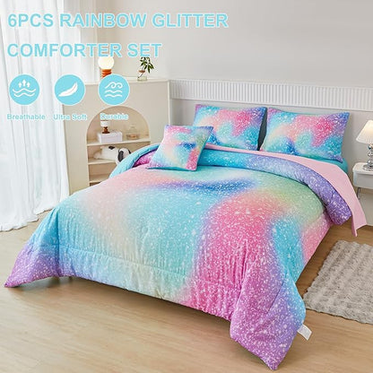 PERFEMET Rainbow Queen Girls Bedding Set, 6 Pieces Glitter Pink Green Comforter for Queen Size Bed, Colorful Tie Dye Ombre Teen Girls Bed in A Bag Comforter Set with Sheets - LeafyLoom