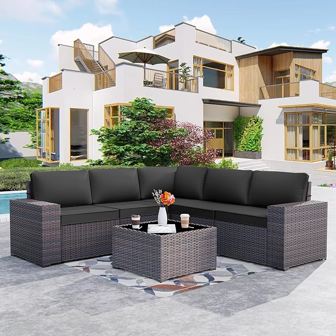 Patio Furniture Set Sofa 6-Pieces Wicker Sectional Sofa Set, Outdoor Furniture Rattan Patio Conversation Set with Thickened Cushion and Glass Coffee Table, Black - LeafyLoom