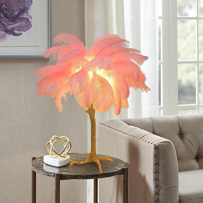 Ostrich Feather Desk Lamp Bedside Pink Cute Lamp Gold Resin Table Lamp, Coconut Tree Feather Lamp for Bedroom Living Room Hallway Wedding Girls Bedroom Night Light G4 Base - LeafyLoom