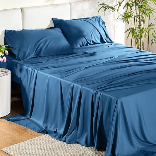 Bedsure Full Size Sheets, Cooling Sheets Full, Rayon Derived from Bamboo, Deep Pocket Up to 16", Breathable & Soft Bed Sheets, Hotel Luxury Silky Bedding Sheets & Pillowcases, Peacock Blue - LeafyLoom