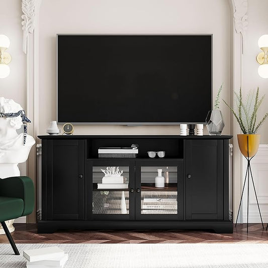 60 Inch TV Stand, Television Stands with 2 Tempered Glass Doors, Adjustable Panels and Open Style Cabinet, Entertainment Center for Living Room and Bedroom, Black - LeafyLoom