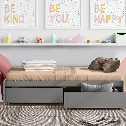 Twin Bed with 2 Storage Drawers, Solid Pinewood Twin Size Bed Frame,for Boys/Girls/Teens Bedroom, Easy to Assemble, No Box Spring Needed,Grey - LeafyLoom