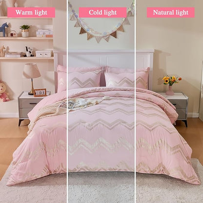 Wowelife 7 Pieces Pink Comforter Set King Size Gold Glitter Kids Bedroom Bedding Set Metallic Bed in a Bag for Girls with Comforter, Flat Sheet, Fitted Sheet 2 Pillow Shams and 2 Pillowcase - LeafyLoom