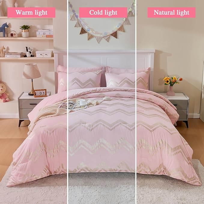 Wowelife Girl Bedding Sets Pink Comforter for Queen Size Bed 7 Pieces Gold Glitter Foil Queen Bedding Set Teen Girl Bedding Pink Full Kids Bedroom Beding Sets with 2 Pillow Shams and 2 Pillowcase - LeafyLoom