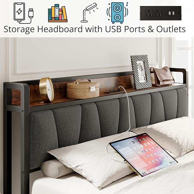 LIKIMIO King Size Bed Frame, Storage Headboard with Charging Station, Solid and Stable, Noise Free, No Box Spring Needed, Easy Assembly - LeafyLoom