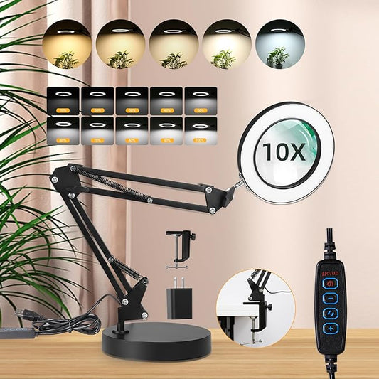 CANMEIJIA 10X Magnifying Glass with Light and Stand,5 Color Modes Stepless Dimmable Clamp on Desk Lamp,2-in-1 Hands-Free Magnifier Lamp for Craft,Painting,Soldering,Hobby,Sewing,Close Work,Reading - LeafyLoom