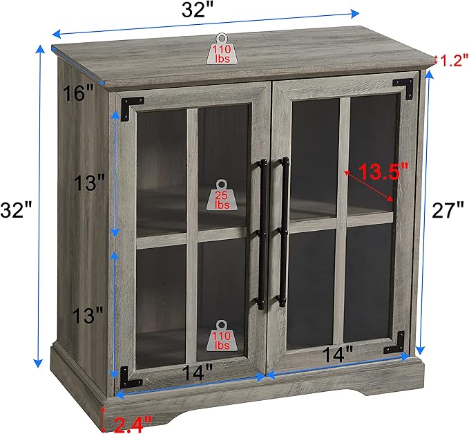 Okvnbjk Coffee Bar Storage Cabinet, Small Farmhouse Sideboard Buffet Cabinet with Doors & Shelves for Kitchen, Accent Credenza Cabinet for Living/Dining Room, Bedroom, Grey Wash - LeafyLoom