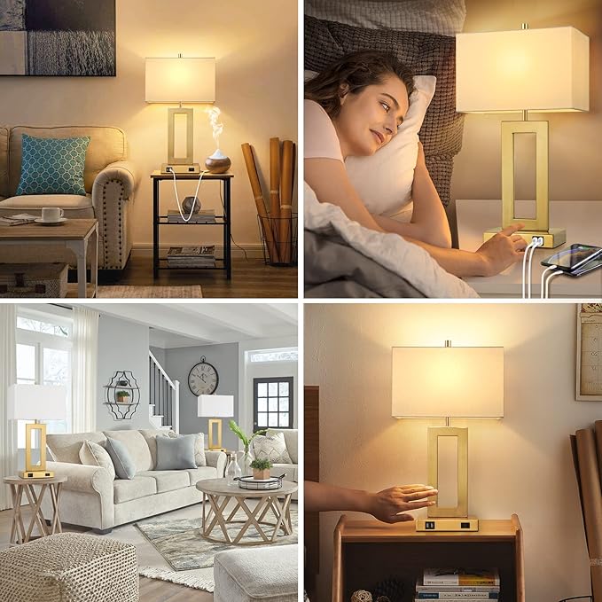 22’’ Table Lamps for Bedrooms Set of 2, Gold Bedside USB Desk Lamp with AC Outlet, Touch Control Modern Vintage Living Room Table Lamp for Nightstand End Table, 3-Way Dimming with 2 E26 Edison Bulbs - LeafyLoom