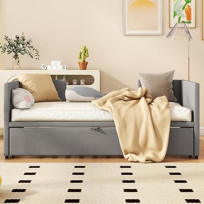 Bellemave Twin Size Upholstered Daybed with Pop up Trundle,Velvet Twin Daybed Frame,Twin to King Daybed,Day bed with Trundle Bed Twin,Tufted Sofa Bed Daybed,Bedroom,Living Room,Guest Room(Gray) - LeafyLoom