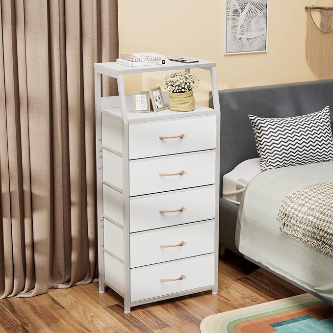 Furnulem White Dresser with 5 Drawers, Vertical Storage Tower Fabric Dresser for Bedroom, Hallway, Entryway, Nursery, Closet Organizer, Nightstand Bedside Table Furniture, Sturdy Steel Frame, Wood Top - LeafyLoom