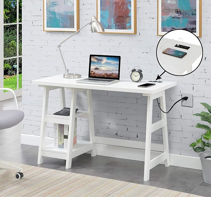 Convenience Concepts Designs2Go Trestle Desk with Charging Station and Shelves, White - LeafyLoom