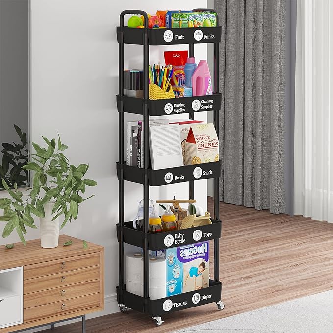 Storage Cart,Multifunction Utility Rolling Cart Kitchen Storage Organizer,Mobile Shelving Unit Cart with Lockable Wheels for Bathroom,Laundry,with Classified Stickers - LeafyLoom