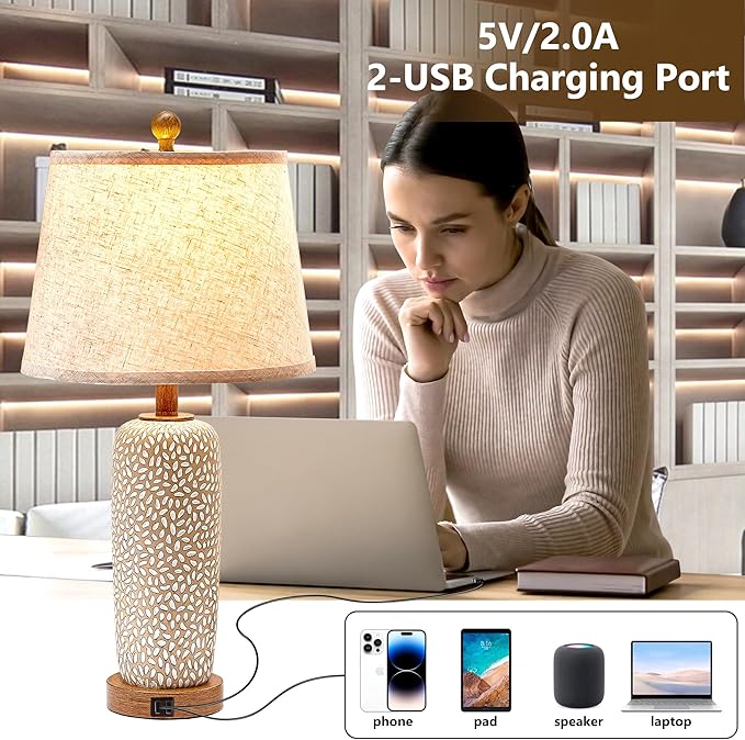 Touch Lamps for Bedrooms Set of 2, 26'' Farmhouse Table Lamps for Living Room Boho Bedside Lamp with Dual USB Charging Ports, 3-Way Dimmable Coastal Nightstand Lamp with White Fabric (Bulb Included) - LeafyLoom