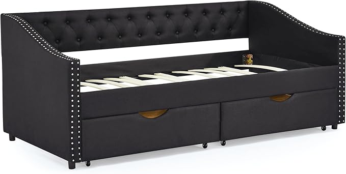 RITSU Twin Size Mid-Century Daybed, 2 Storage Drawers,Linen Button Upholstered Tufted Sofa Bed, Copper Nail on Waved Shape Arms, No Box Spring Needed,for Bedroom, Livingroom, Black, 81.50 - LeafyLoom