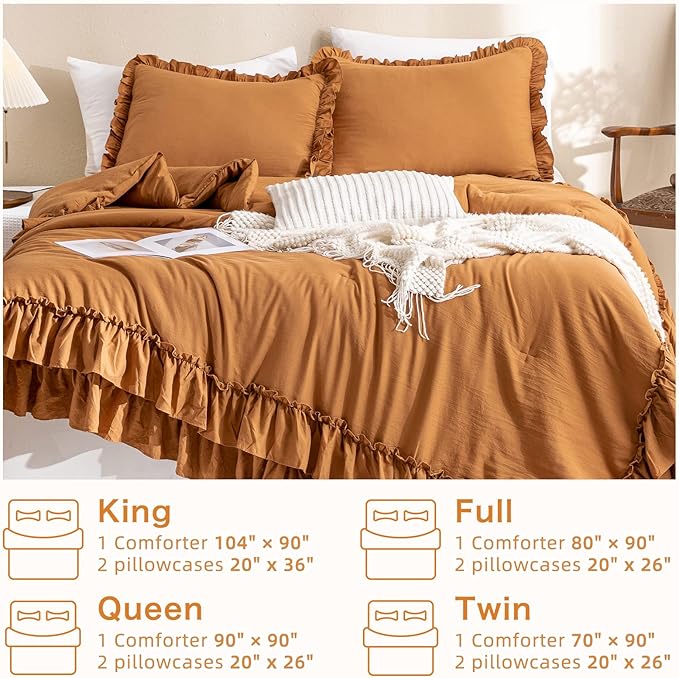 Pumpkin Farmhouse King Size Comforter Set,Shabby Boho Chic Bedding Ruffled King Bed Comforter Vintage Rustic Burnt Orange Bedding Sets 3 Pieces (1 Ruffle Comforter and 2 Pillowcases) - LeafyLoom